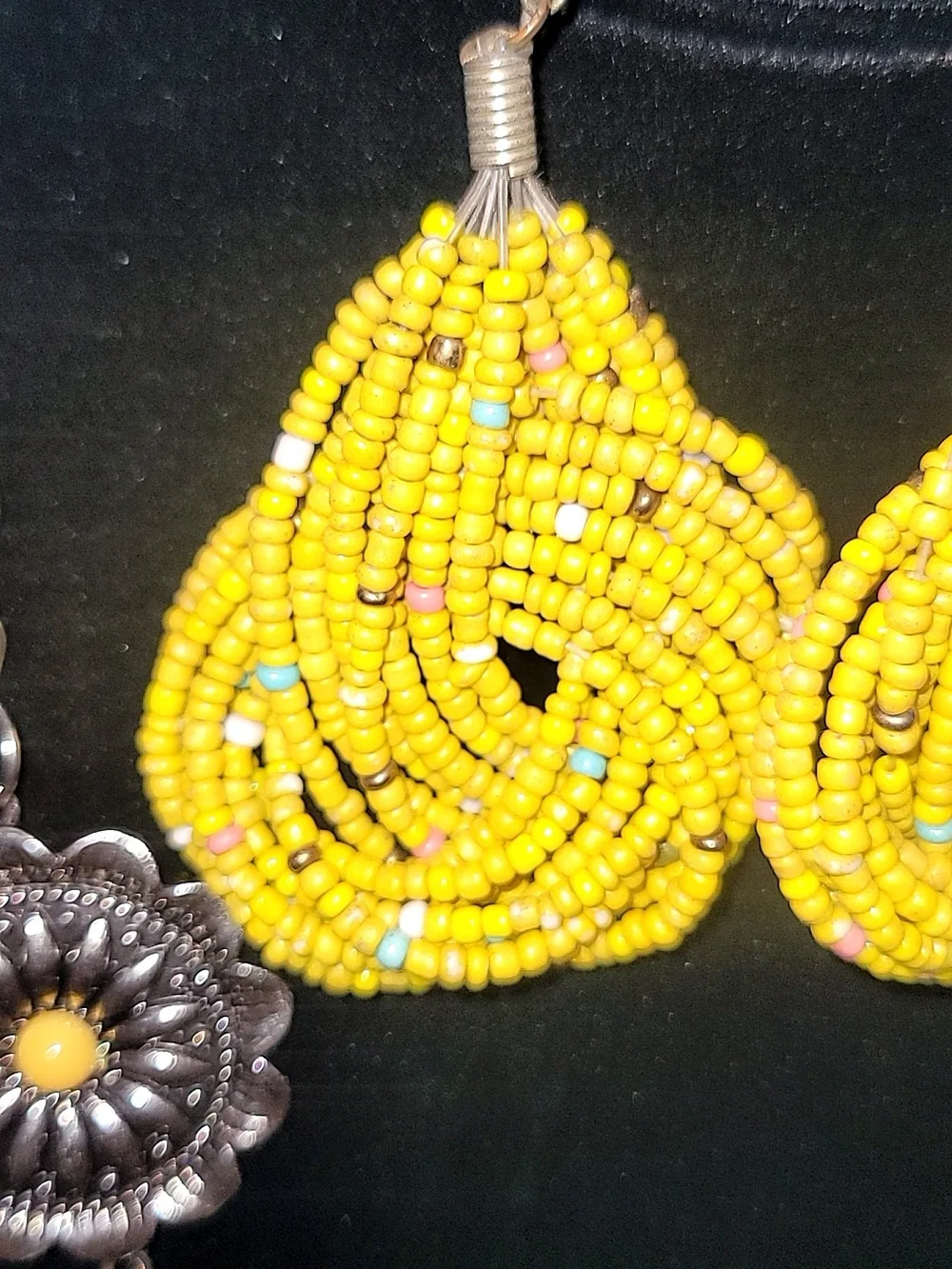 Silver Tone Floral Concho Necklace & Mustard Yellow Beaded Earrings Set